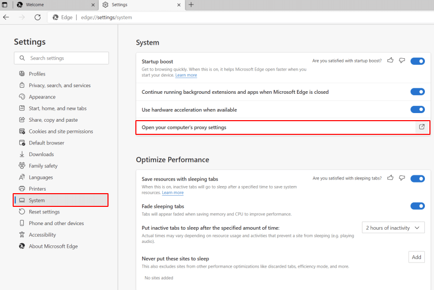 Microsoft Edge 프록시 설정